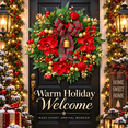 thumbnail image 1 of 24 Inch Artificial Christmas Wreath with Red Magnolia Flowers, Plaid Bow and Gold Bell, Red Berries and Gold Ornaments, Holiday Door Decor, 1 of 8