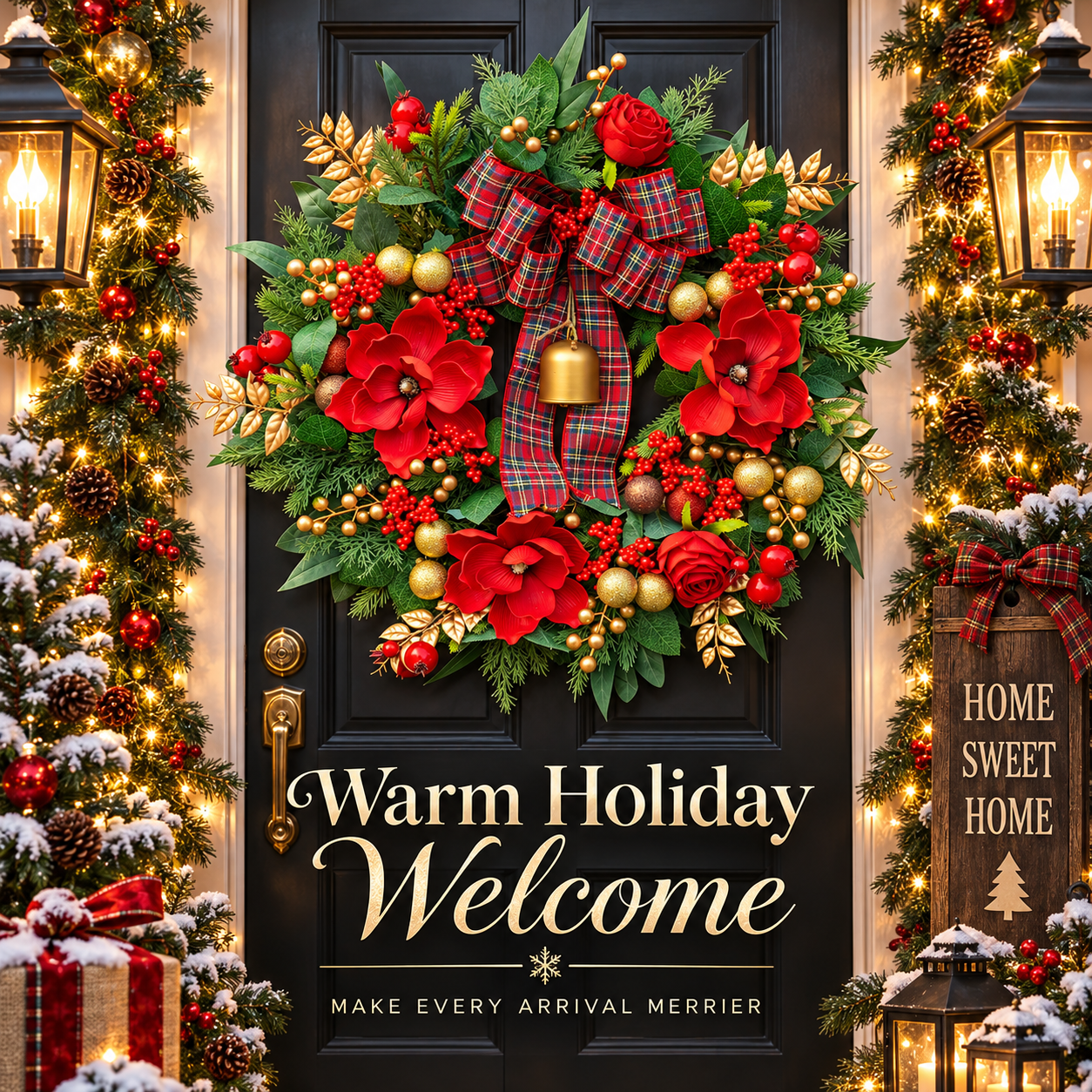24 Inch Artificial Christmas Wreath with Red Magnolia Flowers, Plaid Bow and Gold Bell, Red Berries and Gold Ornaments, Holiday Door Decor