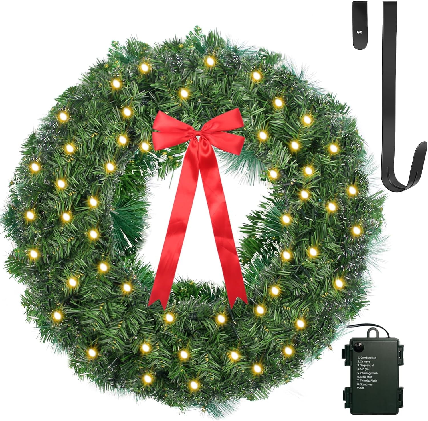 24 Inch Artificial Christmas Wreath with Timer LED String Lights