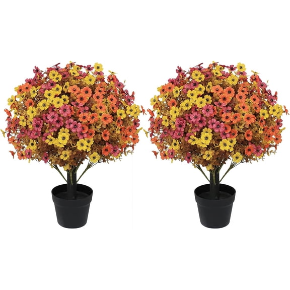 24 Inch Artificial Fall Potted Plants Set of 2 UV Resistant Daisy Mums with Eucalyptus in Pots for Outdoor Porch Patio Entryway