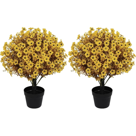 24 Inch Artificial Fall Potted Plants Set of 2 UV Resistant Yellow Daisy Mums with Eucalyptus