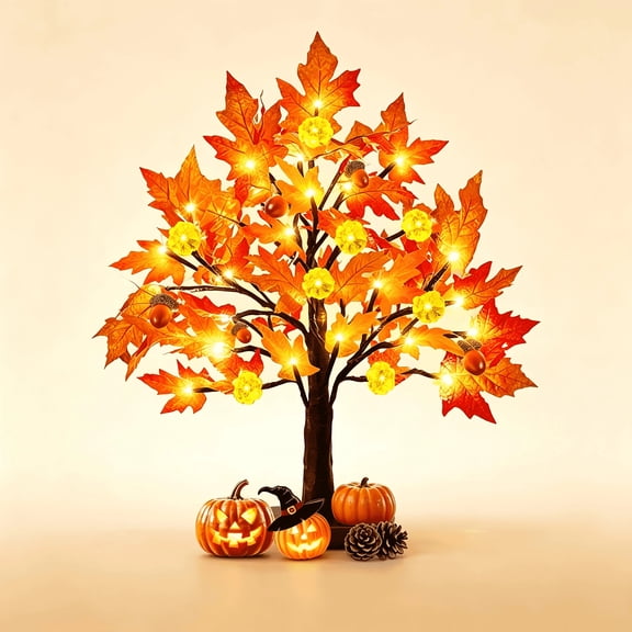 24 Inch Artificial Lighted Maple Tree Fall Thanksgiving Decorations Battery Operated Prelit Acorn Maple Tree Lights for Thanksgiving Table Decor Home Indoor Autumn Harvest