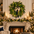 thumbnail image 1 of 24 Inch Artificial Norfolk Pine Christmas Wreath with Battery-Operated Warm White Lights, Blue Berries, Pinecones, Gold Bells and Navy Bow, Batteries Not Included, 1 of 10