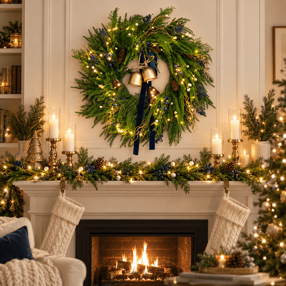 24 Inch Artificial Norfolk Pine Christmas Wreath with Battery-Operated Warm White Lights, Blue Berries, Pinecones, Gold Bells and Navy Bow, Batteries Not Included