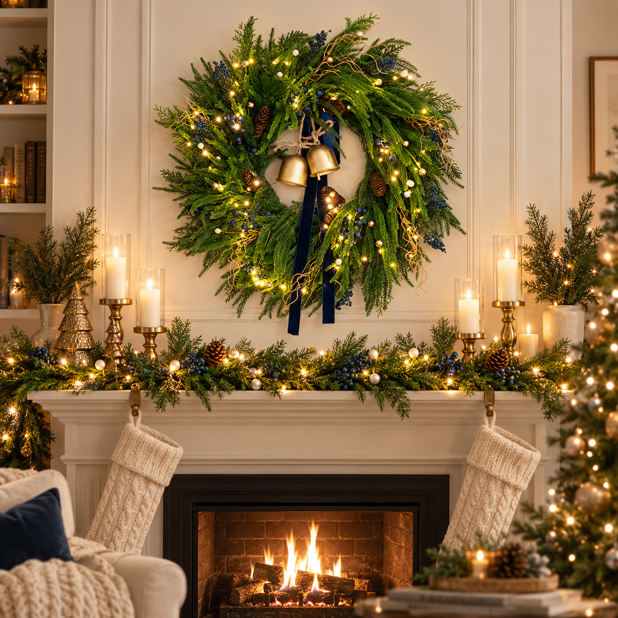 24 Inch Artificial Norfolk Pine Christmas Wreath with Battery-Operated Warm White Lights, Blue Berries, Pinecones, Gold Bells and Navy Bow, Batteries Not Included