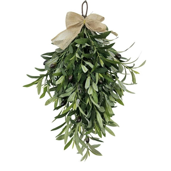 24 Inch Artificial Olive Wreath Pendant, Teardrop Swag for Front Door, Wedding Arch, Window, Wall Decor, Green Olive Branch Wreath for Farmhouse Porch, Holiday & Year-Round Home Decoration