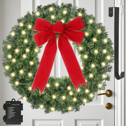 24 Inch Artificial Pure Green Christmas Wreath with Timer LED String Lights & Hanger - DIY Xmas Pine Garland - Battery Operated
