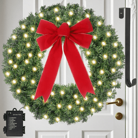 24 Inch Artificial Pure Green Christmas Wreath with Timer LED String Lights & Hanger - DIY Xmas Pine Garland - Battery Operated