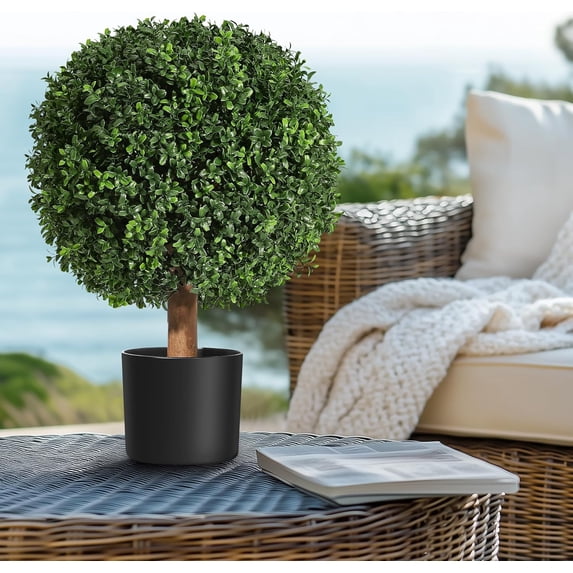 24 Inch Artificial Topiary Boxwood Ball Trees, Set of 2 UV Resistant Plants,Faux Boxwood with 6"x5" Pots for Front Porch, Indoor Walkway, Entryway Decorating 2pcs/set