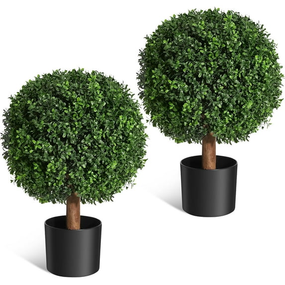24 Inch Artificial Topiary Boxwood Ball Trees, Set of 2 UV Resistant Plants,Faux Boxwood with 6"x5" Pots for Front Porch, Indoor Walkway, Entryway Decorating
