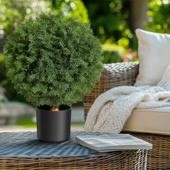 24 Inch Artificial Topiary Pine Ball Trees Outdoor  Set of 2 UV Resistant Faux Pine Topiary, Fake Potted Shrubs Evergreen for Front Door Porch Patio Balcony Home Decoration