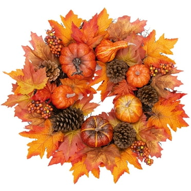 24 Inch Autumn Pumpkin Wreath Silk Maple Leaves Fall Wreaths for Front Door,Pine Cone and Berries for Wall Porch Indoor Outdoor Decor