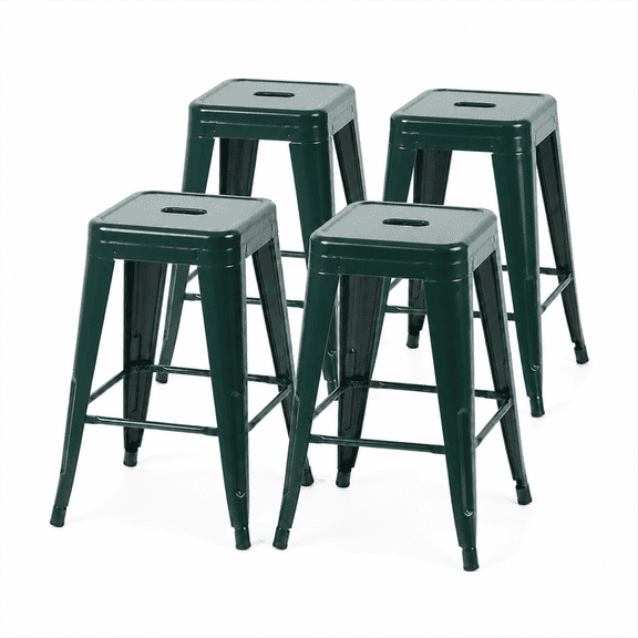 24 Inch Backless Metal Counter Stool Set of 4, Green, Stackable with Carry Hole and Footrest