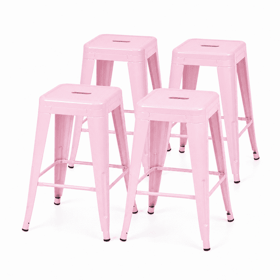 24 Inch Backless Metal Counter Stool Set of 4, Pink, Stackable with Carry Hole and Footrest