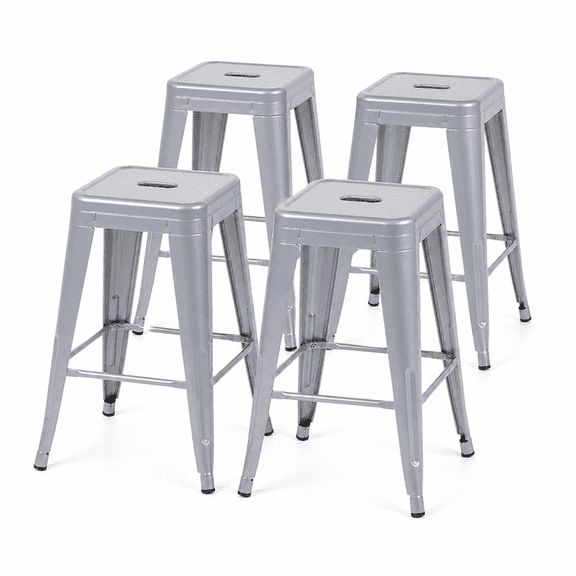 24 Inch Backless Metal Counter Stool Set of 4, Silver, Stackable with Carry Hole and Footrest