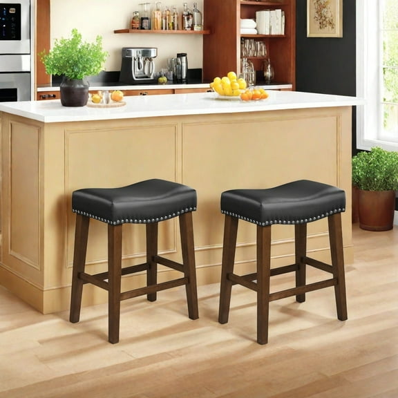 24 Inch Bar Stools Set of 2 Leather Counter Height Kitchen Stools Curved Backless Saddle Barstools for Kitchen Island, Black