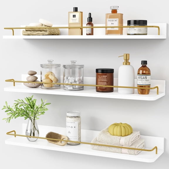 24 Inch Bathroom Floating Shelves for Wall Set of 3, Gold Bathroom Shelves Over Toilet Wall Mounted with Rail, Decorative Hanging Shelf for Bedroom Office Living Room Decor (White and Gold)