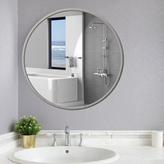 24 Inch Bathroom Mirror, Wall Mounted Round Mirror with Brushed Sliver Aluminum Frame, Modern Circle Hanging Mirror for Bathroom, Living Room