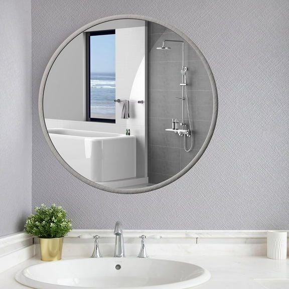 24 Inch Bathroom Mirror, Wall Mounted Round Mirror with Brushed Sliver Frame, Modern Circle Hanging Mirror for Bathroom, Living Room