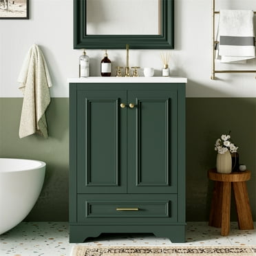 24 Inch Bathroom Vanities with Ceramic Sink Top Combo, Undermount Bathroom Vanity Sink Cabinet with 1 Drawer, Adjustable Shelves, Soft Closing, Wood Frame
