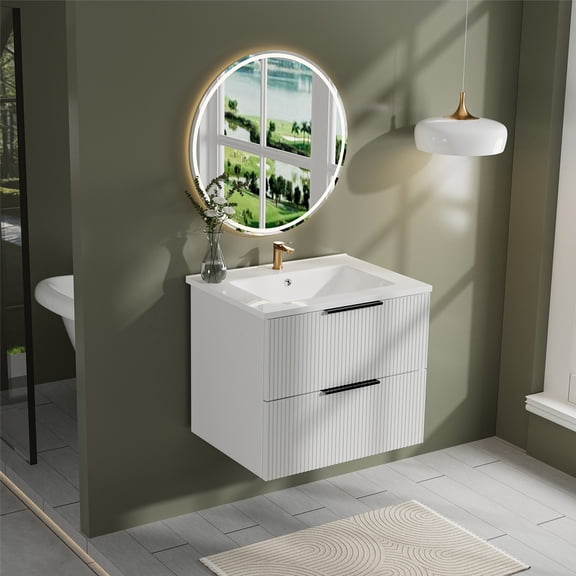 24 Inch Bathroom Vanity Cabinet With Ceramic Sink - White Wall Mounted Floating Fluted Vanity With Drawers, Modern