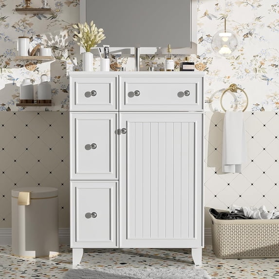 24-Inch Bathroom Vanity Cabinet with Ceramic Sink, 2 Drawers, 1 Door, White