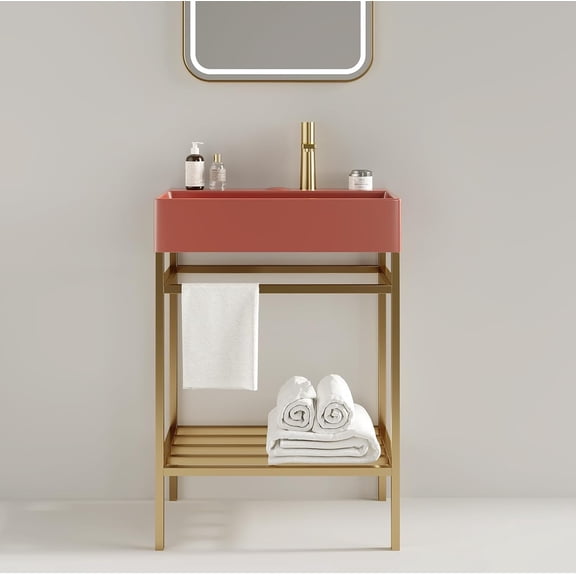 24 Inch Bathroom Vanity with Ceramic Basin, Freestanding Bathroom Console Sink Set, Red Rectangular Integrated Basin Without Faucet, Gold Open Metal Leg, Storage Shelves, Pop Up Drain
