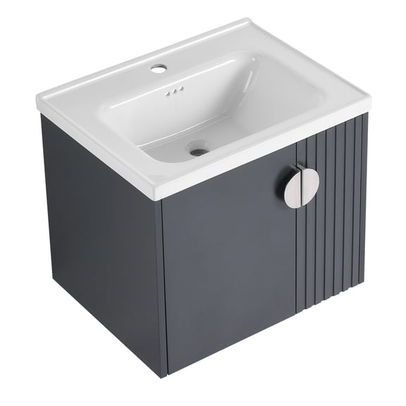 24 Inch Bathroom Vanity With Ceramic Basin, Wall Mounted For Small Baths, Fashionable Design Soft-close Doors & Metal Handles Tiny Bathroom, Soft Close
