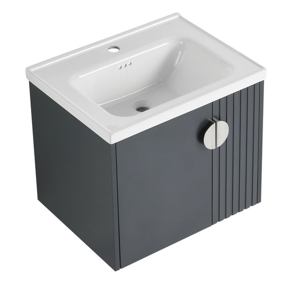 24 Inch Bathroom Vanity With Ceramic Basin, Wall Mounted For Small Baths, Fashionable Design Soft-close Doors & Metal Handles Tiny Bathroom, Soft Close