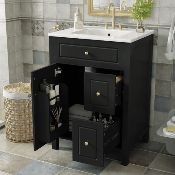 24-Inch Bathroom Vanity with Ceramic Sink, Black Solid Wood & MDF Cabinet, 1 Soft Close Door, 2 Soft Close Drawers, Double Storage Racks, Gold Handles, Compact Modern Storage for Small Spaces