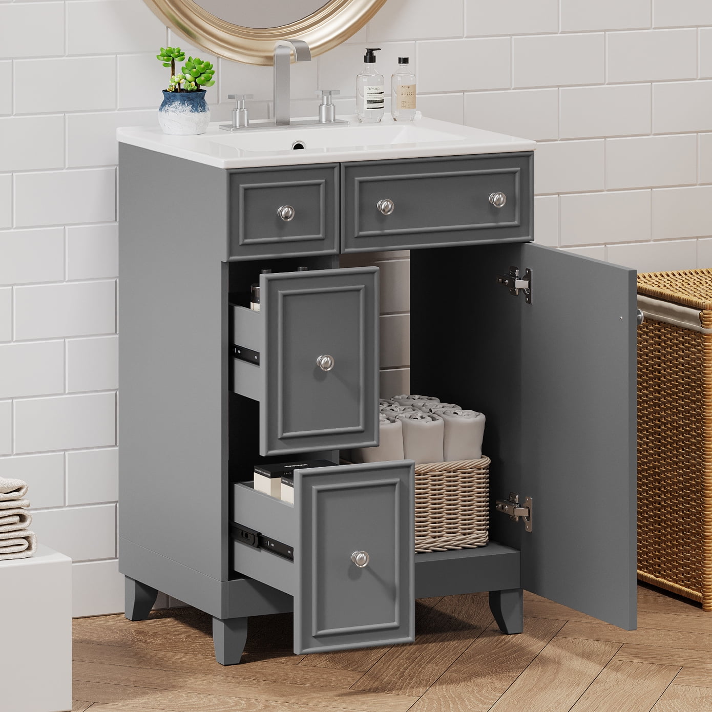24 Inch Bathroom Vanity with Ceramic Sink, Compact Freestanding Vanity ...