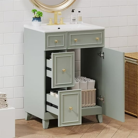 24-Inch Bathroom Vanity with Ceramic Sink, Modern Freestanding Single Bathroom Cabinet with 6 Drawers & 2 Cabinets for Bathroom, Soft Closing and Solid Wood Frame, Green