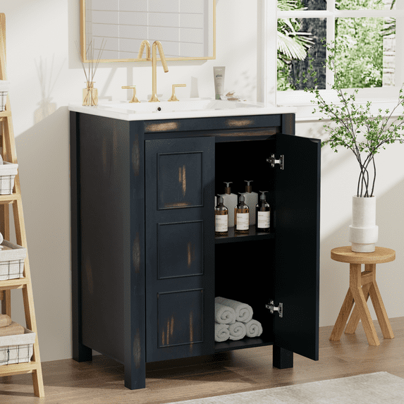 24 Inch Bathroom Vanity Combo With Ceramic Countertop Sink, 2 SoftClose Doors, Home Bathroom Furniture, Freestanding Storage Vanity For Bathroom