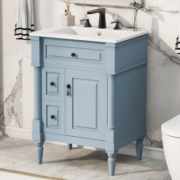 24 Inch Bathroom Vanity with Sink, Blue Freestanding Vanity with Flip Drawer, Solid Rubberwood Cabinet with Ceramic Sink, Adjustable Shelf & 3 Drawers