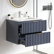 24 Inch Bathroom Vanity with Sink Combo, Floating Bathroom Vanity with 2 Fluted Drawers & Metal Handle, Modern Wall Mount Storage Cabinet with Ceramic Integrated Sink for Small Space (Blue)
