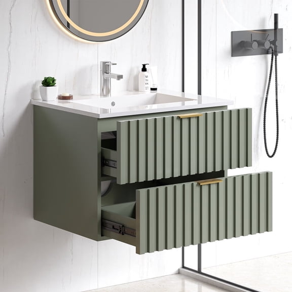 24 Inch Bathroom Vanity with Sink Combo, Floating Bathroom Vanity with 2 Fluted Drawers & Metal Handle, Modern Wall Mount Storage Cabinet with Ceramic Integrated Sink for Small Space (Green)