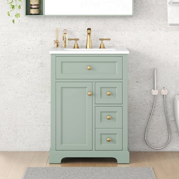 24 Inch Bathroom Vanity with Sink, Green Bathroom Vanity with 3 Drawers & Cabinet, Soft Close Door with Storage Rack, Modern Vanity for Small Bathroom, Freestanding Design
