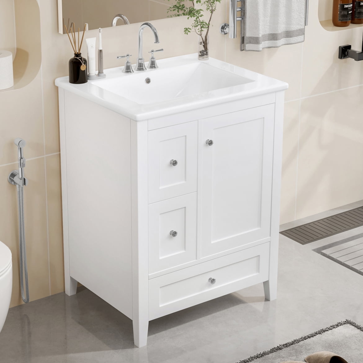 24 Inch Bathroom Vanity with Sink, Solid Wood Bathroom Sink Vanity Cabinet with Removable Dividers Drawers and Adjustable Shelves, Small Bathroom Sink Cabinet, White