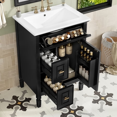 24-Inch Bathroom Vanity with Sink, Solid Wood Cabinet & Flip Drawer - Freestanding Vanity with 2 Drawers, Adjustable Shelf for Small Bathroom Storage，Black