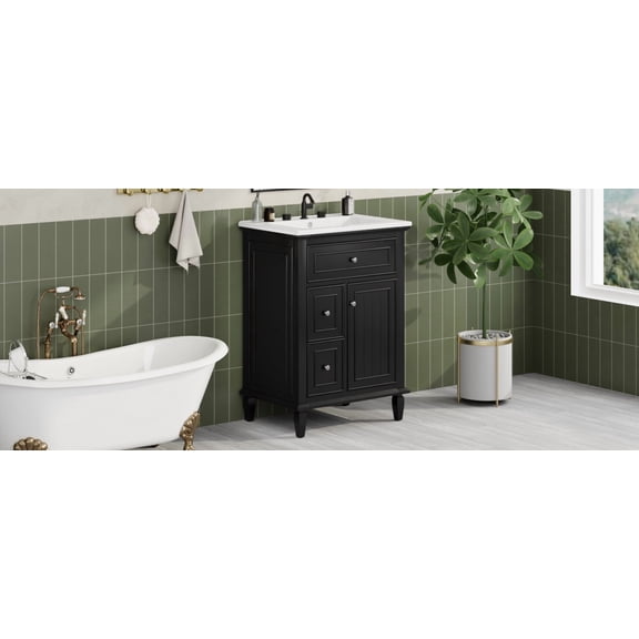 24 Inch Bathroom Vanity with Sink, Solid Wood and MDF Cabinet with Flip Up Drawer, Two Storage Drawers and Adjustable Shelf for Modern Bathroom Organization
