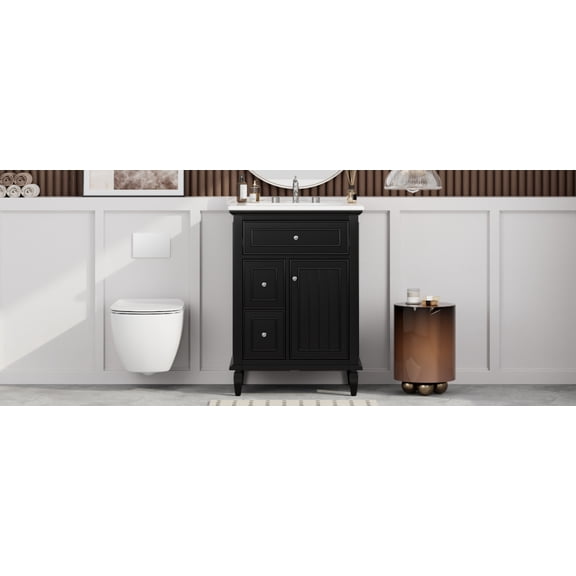 24 Inch Bathroom Vanity with Sink, Solid Wood Vanity Cabinet with Flip Up Drawer, Two Side Drawers and Adjustable Shelf, Black Finish for Bathroom Storage Organization