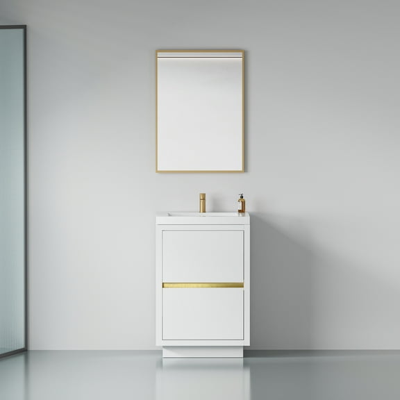 24 Inch Bathroom Vanity with Sink and Stone Resin Countertop, Freestanding Vanity Cabinet with 2 U-Shape Drain Drawers, Modern Bathroom Storage with Soft-Close Mechanism, White