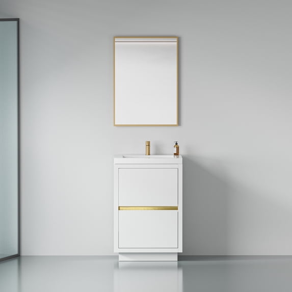 24 Inch Bathroom Vanity with Sink and Stone Resin Countertop, Freestanding Vanity Cabinet with 2 U-Shape Drain Drawers, Modern Bathroom Storage with Soft-Close Mechanism, White