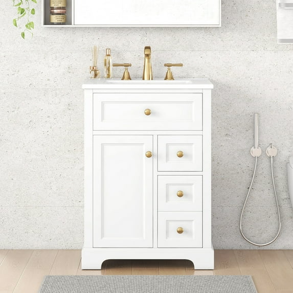 24 Inch Bathroom Vanity with Sink, White Bathroom Vanity with 3 Drawers & Cabinet, Soft Close Door with Storage Rack, Modern Vanity for Small Bathroom, Freestanding Design