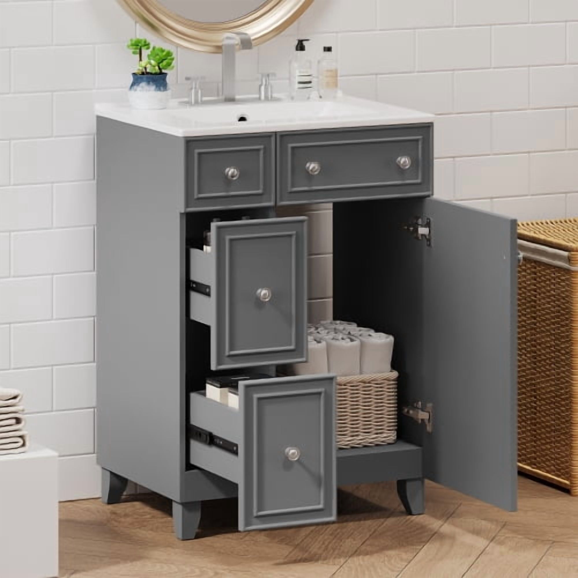 24 Inch Bathroom Vanity with Ceramic Sink, 2 Drawers 1 Door Small ...