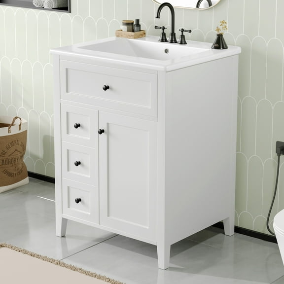 24 Inch Bathroom Vanity with Ceramic Sink and Soft Close Drawers Solid Wood Frame Modern White Vanity with Multi Layer Storage for Small Bathrooms