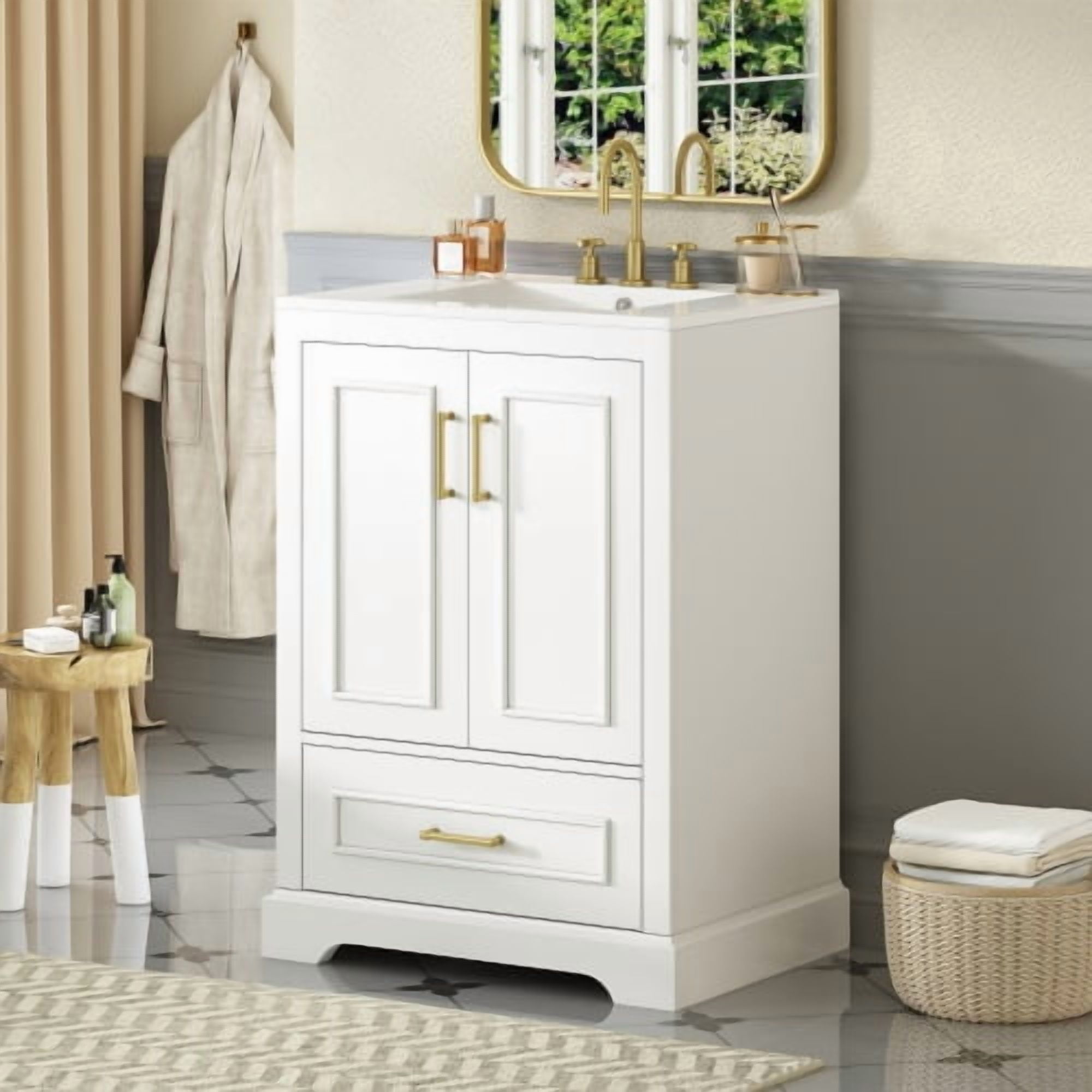 24 Inch Bathroom Vanity with Sink, Modern Freestanding Cabinet with Soft Close Doors and Ceramic Basin for Bathroom Storage, White