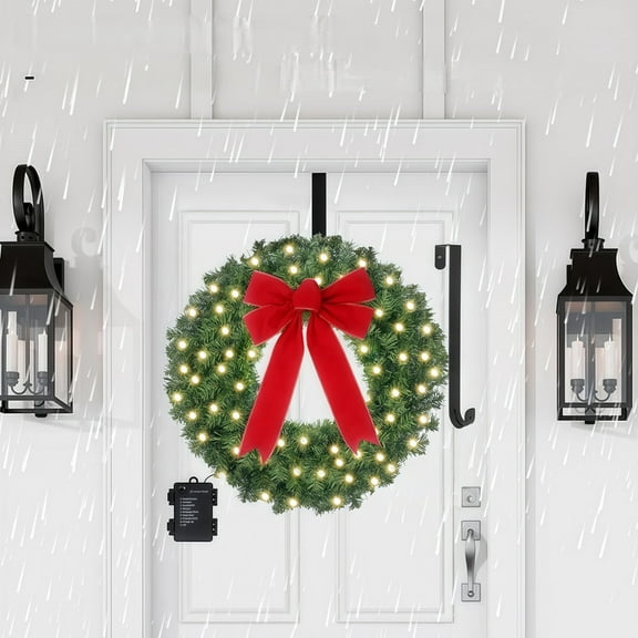24 Inch Battery Operated Pre-Lit Christmas Wreath, Warm White LED Artificial Fir Wreath, Easy to Fluff Branch Tips for Front Door