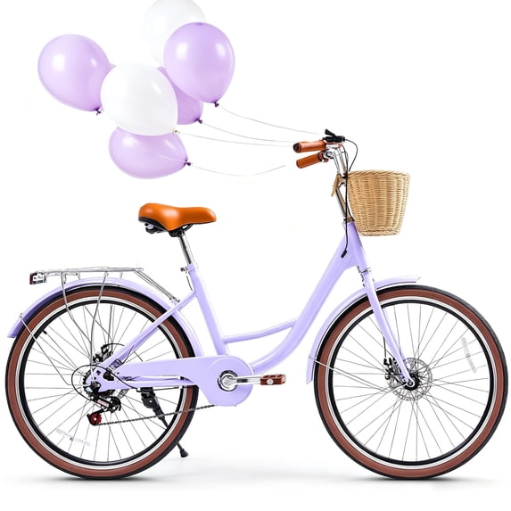 24 Inch Beach Cruiser Bike for Women, Akaber 7 Speed Commuter Bicycle with Rattan Basket, Adjustable Seat, Lightweight Bike for Ladies, Purple