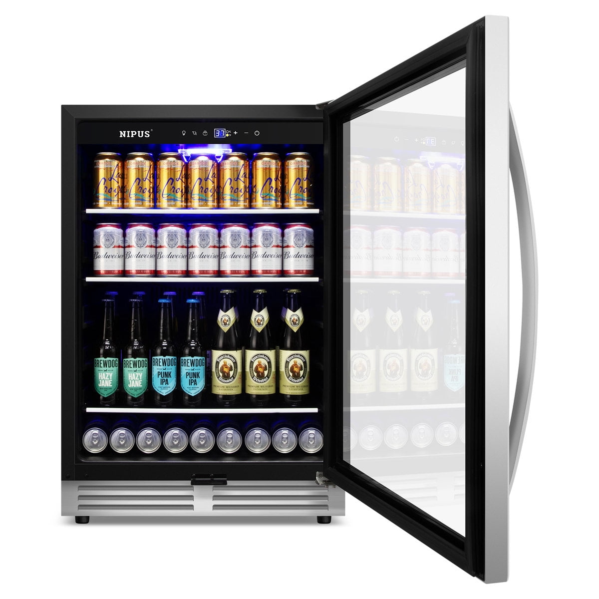 24 Inch Beverage Refrigerator Cooler, 190 Can Built-In and Freestanding with Glass Door, LED Light Safety Lock For Beer, Wine, Soda, Drinks Classic Series